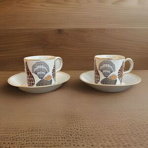 Vtg Fitz & Floyd 2 Cup & Saucer Seashells Coastal Neiman Marcus Japan Espresso